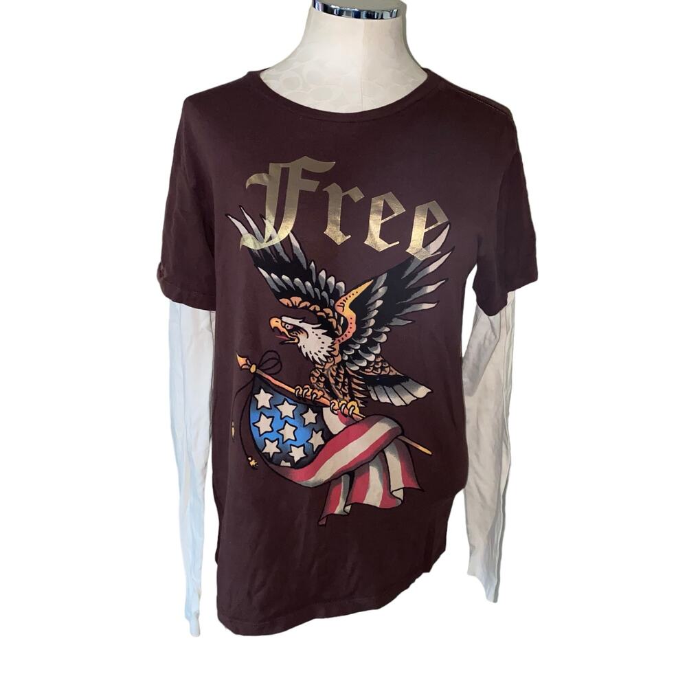 Ed Hardy by Christian Audigier Brown Free Eagle American Flag Graphic T-Shirt M